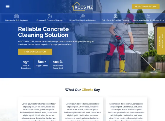 Homepage of RCCS NZ concrete cleaning service website showcasing driveway cleaning, house washing, and exterior property maintenance services with conversion-focused web design.